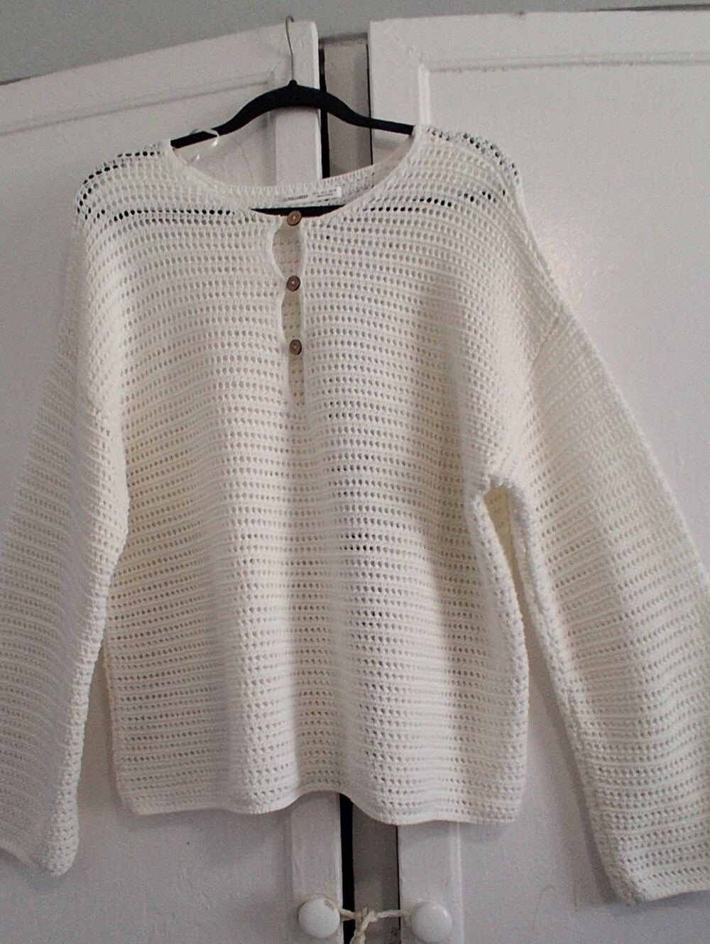Pull&Bear White Crochet Henley Sweater